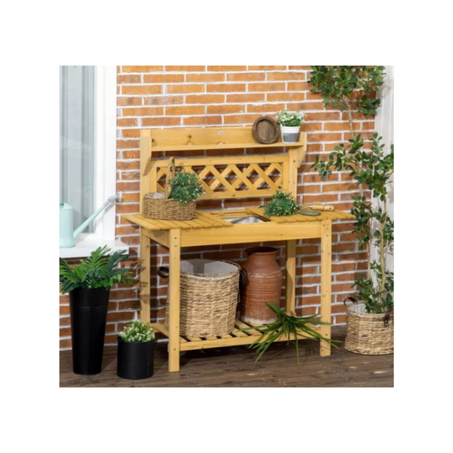 Outsunny Oppottafel - Met Verschuifbaar Werkblad - Hout – 90 x 45 x 120 cm – Met inzetbak van RVS - Geimpregneerd