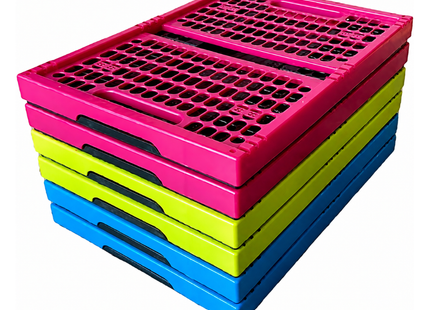 Set van 6 Vouwkratten 32 Liter – Stapelbaar en Inklapbaar - Boodschappenkrat - Kleurenmix Blauw, Groen & Roze (2+2+2)