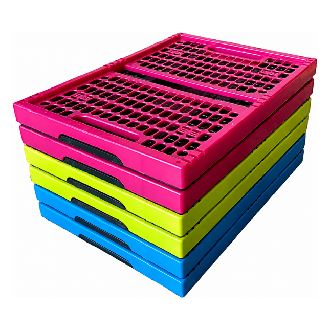 Set van 6 Vouwkratten 32 Liter – Stapelbaar en Inklapbaar - Boodschappenkrat - Kleurenmix Blauw, Groen & Roze (2+2+2)