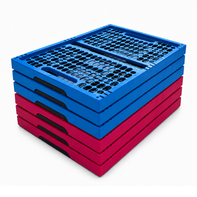 Set van 6 Vouwkratten 32 Liter – Stapelbaar en Inklapbaar - Boodschappenkrat - Blauw & Roze (3+3)