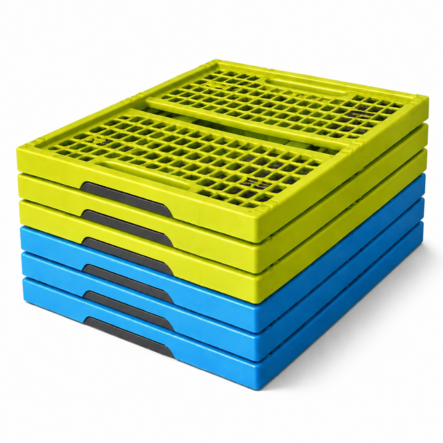 Set van 6 Vouwkratten 32 Liter – Stapelbaar en Inklapbaar - Boodschappenkrat - Groen & Blauw (3+3)