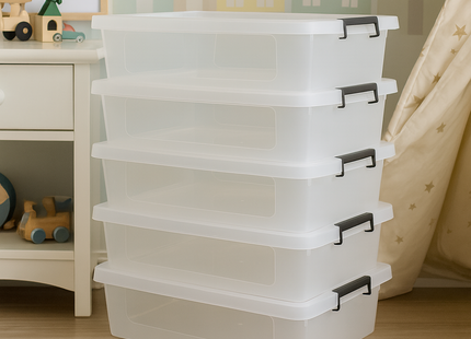 Set 5 Transparante Opbergboxen 12L – Stapelbaar Met Deksel - Clipbox - Opbergdoos