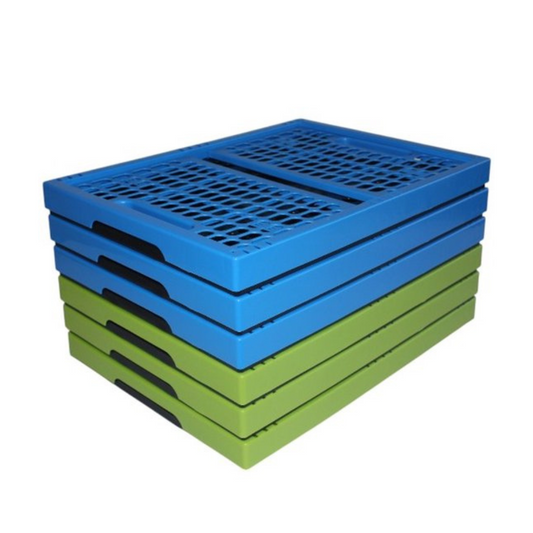 Set van 6 Vouwkratten 32 Liter – Stapelbaar en Inklapbaar - Boodschappenkrat - Groen en Blauw