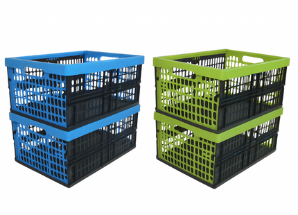 Set van 4 vouwkratten 32 Liter - Groen en Blauw - Stapelbaar en Inklapbaar