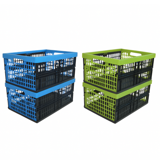 Set van 4 vouwkratten 32 Liter - Groen en Blauw - Stapelbaar en Inklapbaar