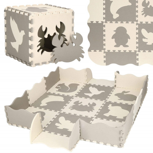 Speelmat | Speelmat Foam | Puzzelmat | Figuren | Dieren | 9 Puzzelstukken | 120 x 120 cm | Crème/Grijs