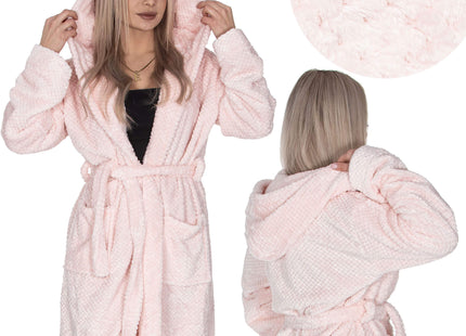 Badjas - Fleece - Roze - Capuchon - Riem - Maat L/XL