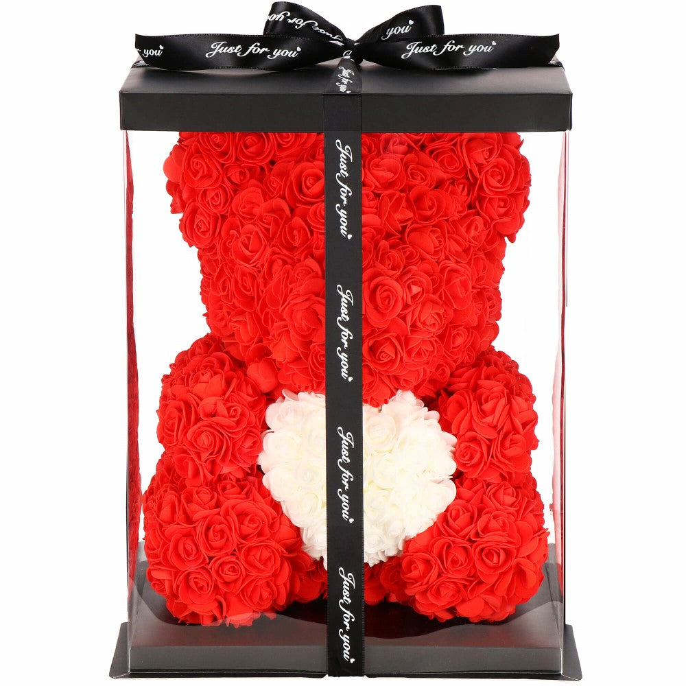 Rozen Beer | Rozenbeer | Rose Bear | Rozen Teddybeer | Liefde | Inclusief Giftbox | 36 x 26 x 26 cm | Rood / Wit