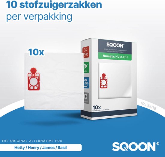 SQOON® - Stofzuigerzakken geschikt voor Numatic Henry, Hetty, James en PPR-240 | NVM 1CH | Model 604015 - 10 stuks