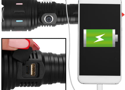 Zaklamp - Militair - Zoom - LED - Oplaadbaar - Zwart.