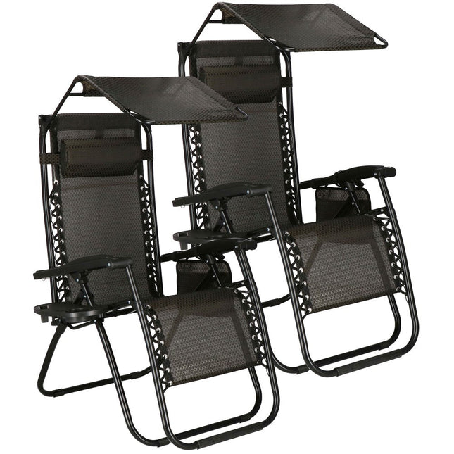 Tuinstoelen | Ligstoel | Opvouwbaar | Verstelbaar | Inclusief Hoofdsteun En Luifel | 2 Stuks | Bruin/Zwart