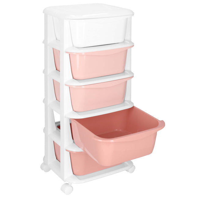 Ladekast | Ladesysteem | Speelgoedkist | Ladeblok | Opbergkast | Met 5 Laden | Op Wielen | Kunststof | Roze | Wit