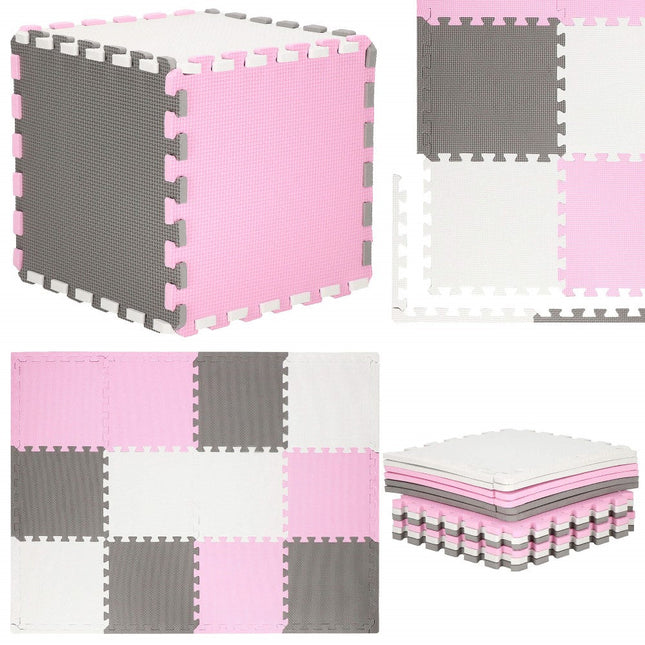 Speelmat | Speelmat Foam | Puzzelmat | 12 Puzzelstukken | 118 x 90 cm | Roze/Grijs/Wit