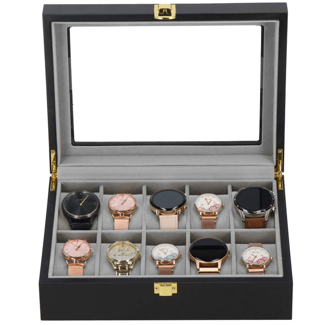 Horlogedoos - Horlogebox - Horlogeopberger - Klikgesp - Zwart - Grijs - 10 Horloges - 26,5 x 20 x 8 cm