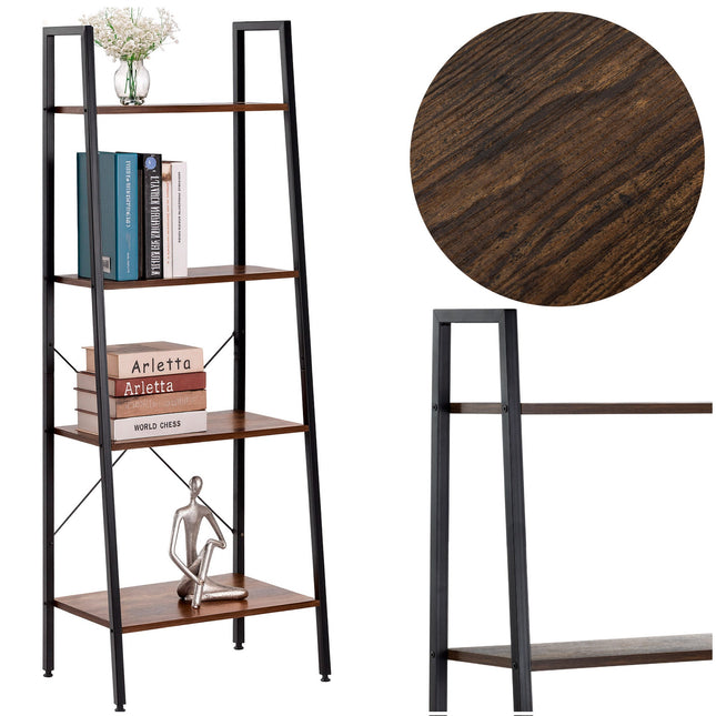 Boekenkast - Ladderrek - Rek - 4 Etages - 138x56x34 cm - 100 KG - Gepoedercoat Metaal - Donkerbruin/Zwart