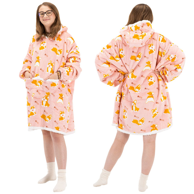 Hoodie Deken | Badjas | Deken Met Mouwen | One Size | Honden | Polyster | Roze | Bruin | Wit