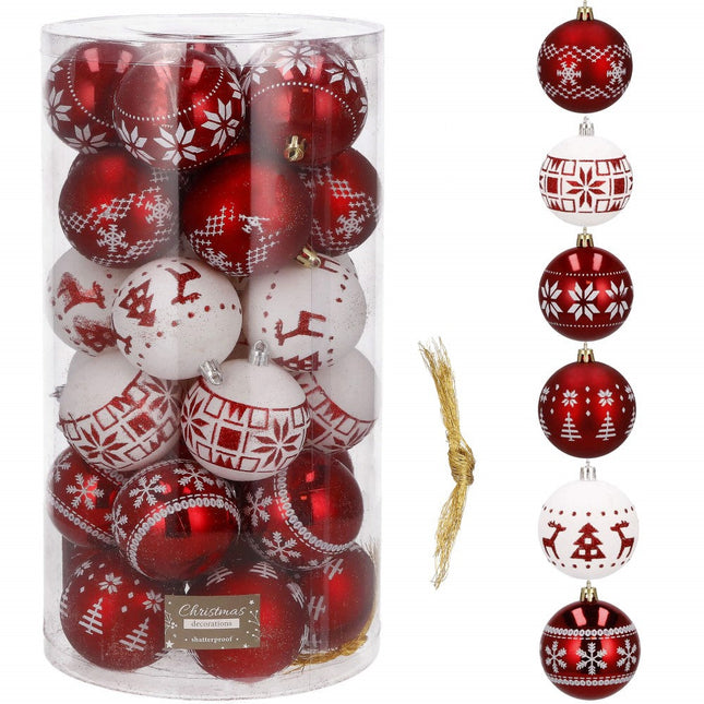 Kerstballen | 30 Stuks | 7 cm | Rood/Wit