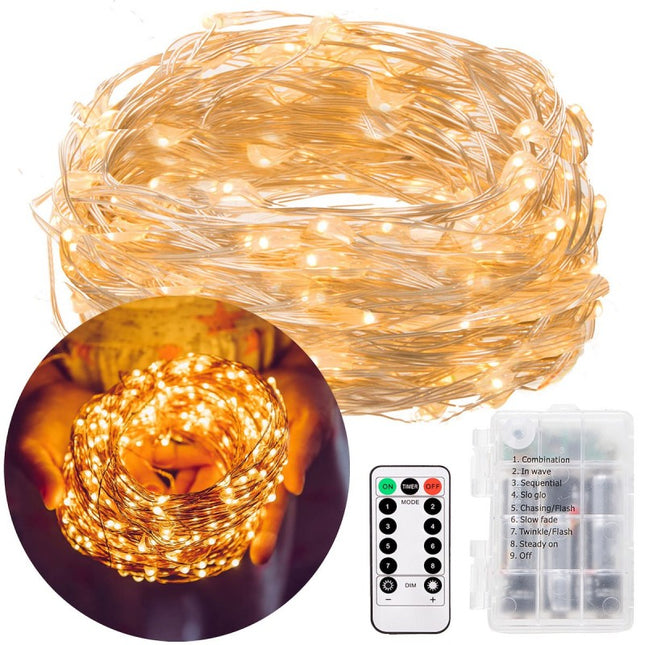 Draadverlichting Kerstverlichting | 9.9 m + 0.3 m Snoer | Batterij | Inclusief Afstandsbediening | 100 LED | Warm Wit