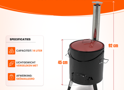 Goulashketel - Geëmailleerd - Kookpot - Scheplepel - 14 liter - Met Deksel - 92 x 35 x 45 cm - Zwart