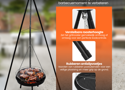 Muntel® BBQ Tripod - Driepoot -Inclusief Pot - Inclusief Rooster - Inclusief Vis Rookplankjes - Inclusief Vuurschaal - 160 x 50 cm