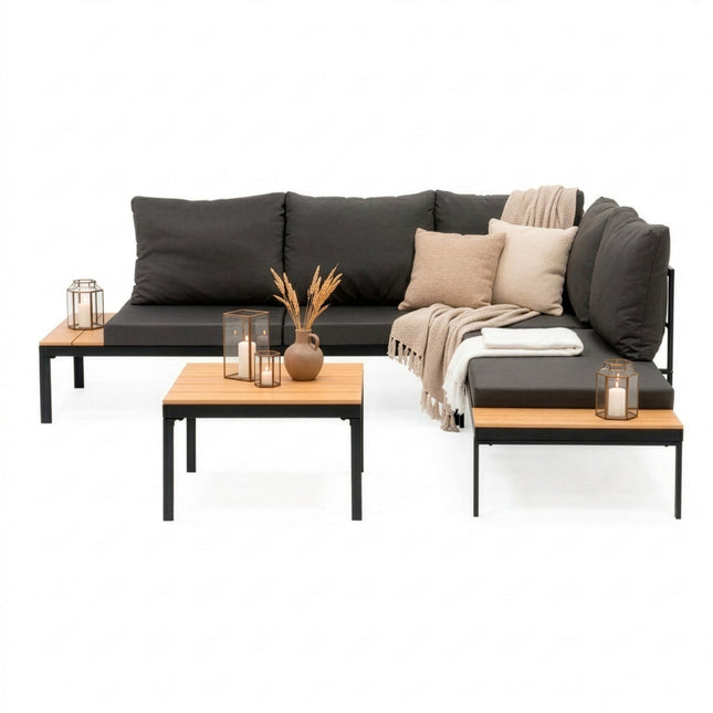 Tuinmeubelset - Loungeset - Tuinmeubilair - Bank - Stoelen - Tafel - Kussens - Zwart - Bruin - Staal - Hout - 150 Kg