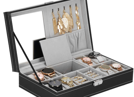 Horlogedoos - Horlogebox - Horlogeopberger - Spiegel - Zwart - Grijs - 8 Horloges