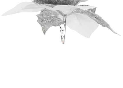 Kunstbloem Met Clip- Poinsettiatak - Ster van Bethlehem - Wit/Zilver - Glitters