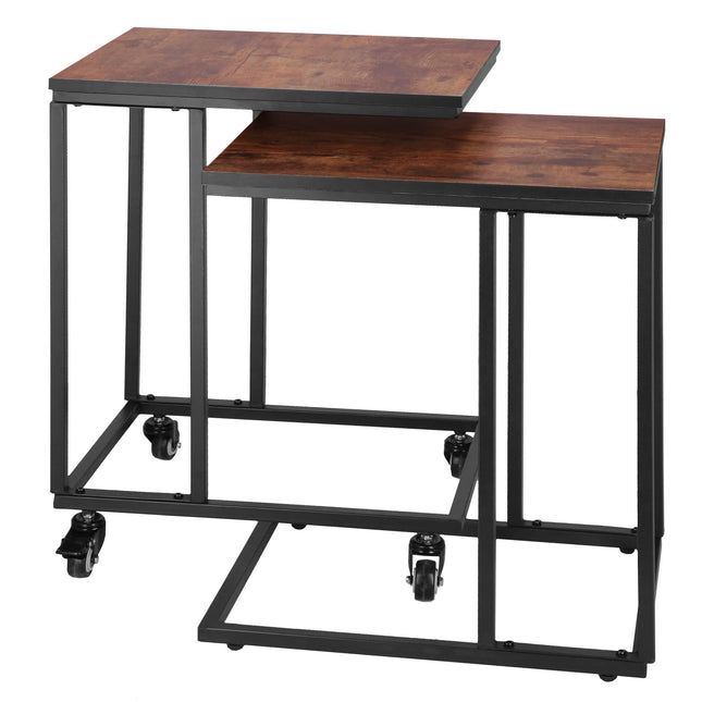 Bijzettafel Op wielen | Rechthoek | Bijzettafel | 2 Stuks | Zwart/Bruin