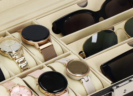 Horlogedoos - Brillendoos - Horlogebox - Opbergdoos - Zwart - Creme - 6 Horloges - 3 Brillen