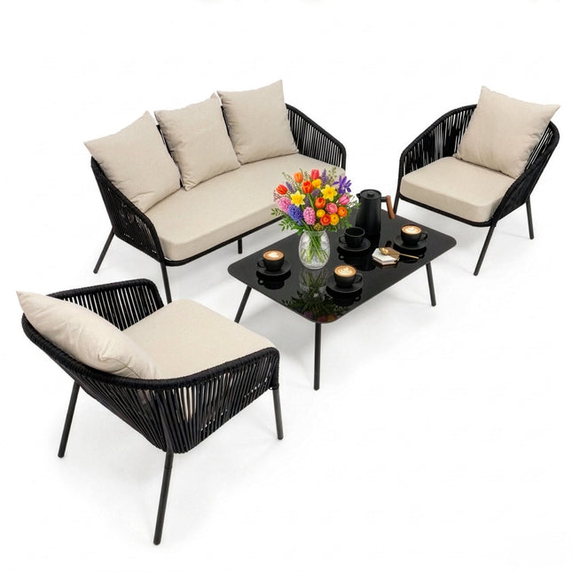 Tuinmeubelset - Loungeset - Bank - Stoelen - Tafel - Kussens - Zwart - Beige
