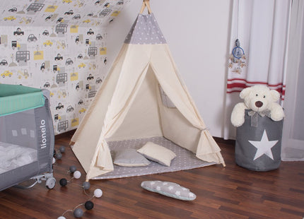 Tipi Tent | Wigwam Speeltent | 120x100x180 cm | Inclusief Mat | Inclusief Kussens | Naturel Grijs | Sterren