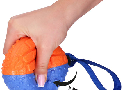 Hondenspeeltje - Bijtring - Piepend - Rugbybal - Blauw/Oranje