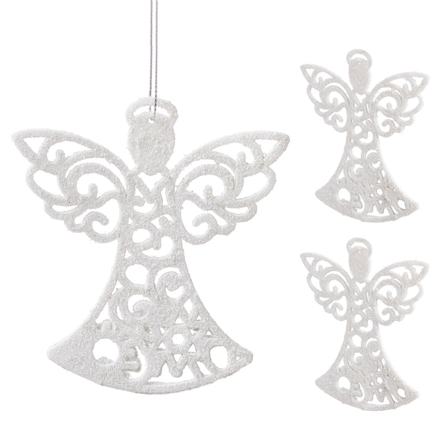 Kersthanger | Engel | Kerstboomhanger | Wit | Glitters | Kunststof | 10 cm | 3 Stuks