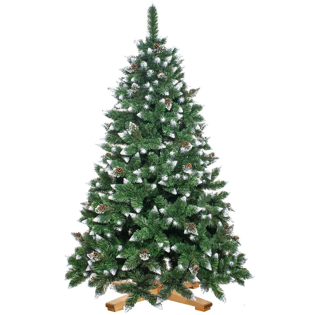 Kunstkerstboom | Premium Royal | Sneeuw | Dennenappels | 150 cm | Zonder Verlichting | Houten Standaard