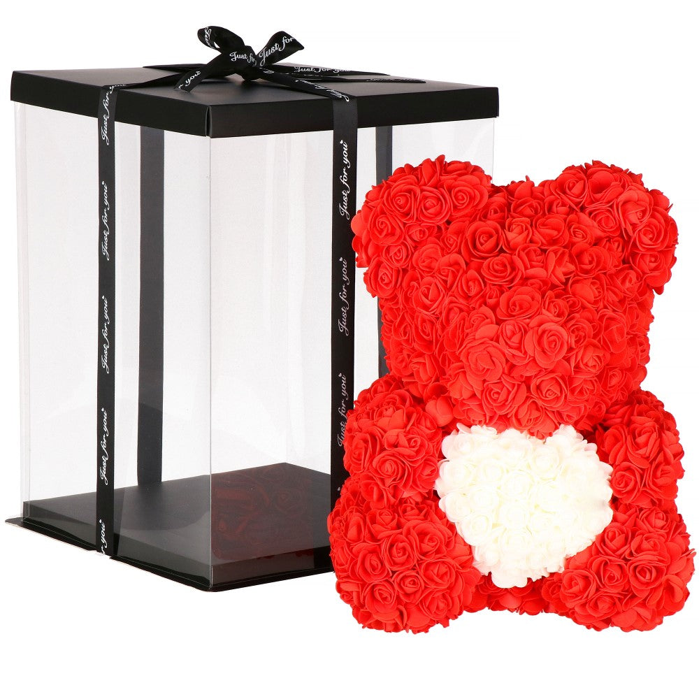 Rozen Beer | Rozenbeer | Rose Bear | Rozen Teddybeer | Liefde | Inclusief Giftbox | 36 x 26 x 26 cm | Rood / Wit
