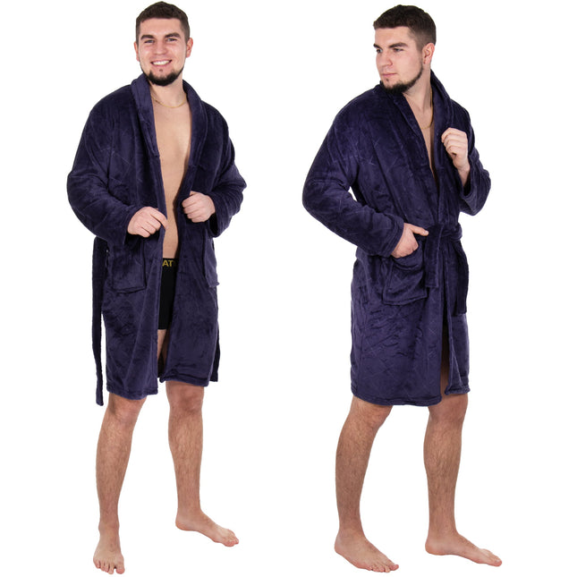 Badjas - Fleece - Marineblauw - Capuchon - Riem - Maat L/XL