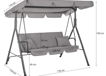 Schommelbank | Luna-Schommel | 3-zits | Waterafstotend | Inclusief 2 Kussens | Verstelbare Luifel | 170 x 110 x 150 cm | Grijs