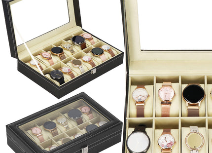 Horlogedoos - Horlogebox - Horlogeopberger - Suède - Zwart - Grijs - 12 Horloges - 30 x 20 x 8 cm