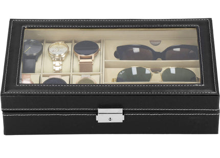 Horlogedoos - Brillendoos - Horlogebox - Opbergdoos - Zwart - Creme - 6 Horloges - 3 Brillen