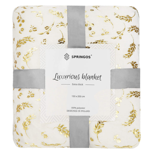 Plaid | Sprei | Deken | 200 x 150 cm | Pluche | Plant | Crème / Goud