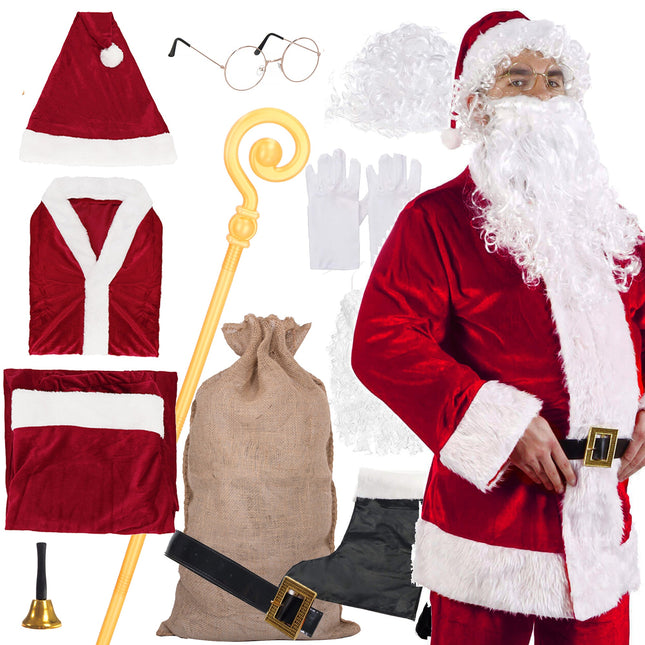 Kerstman Kostuum | Kerstman Pak | Verkleedkleding | 9-Delig | Rood/Wit/Zwart