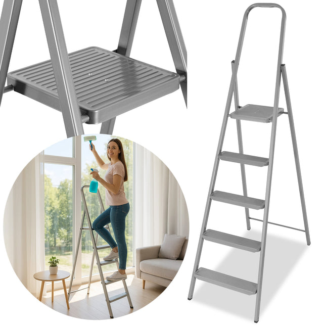 Huishoudtrap - Ladder - Keukentrapje - 5 - Etages - Antislip - Opvouwbaar - Grijs - 150 KG - Grijs