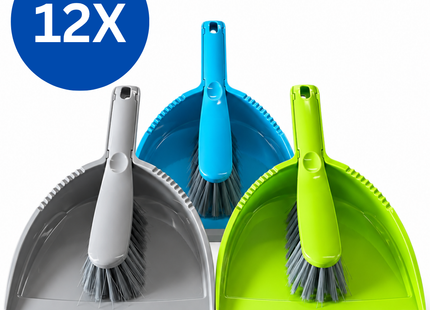 Stoffer en Blik – 12 Complete Sets – Blauw, Groen en Grijs – Handveger met Stofblik – Ophangbaar