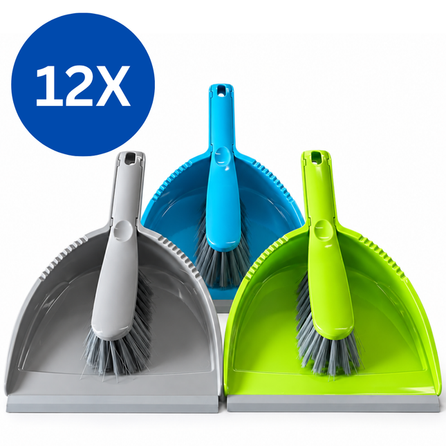 Stoffer en Blik – 12 Complete Sets – Blauw, Groen en Grijs – Handveger met Stofblik – Ophangbaar