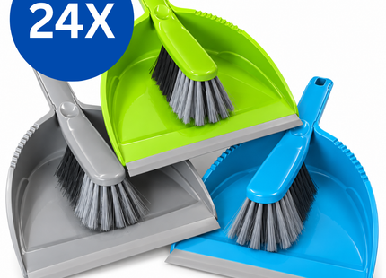 Stoffer en Blik – 24 Complete Sets – Blauw, Groen en Grijs – Handveger met Stofblik – Ophangbaar