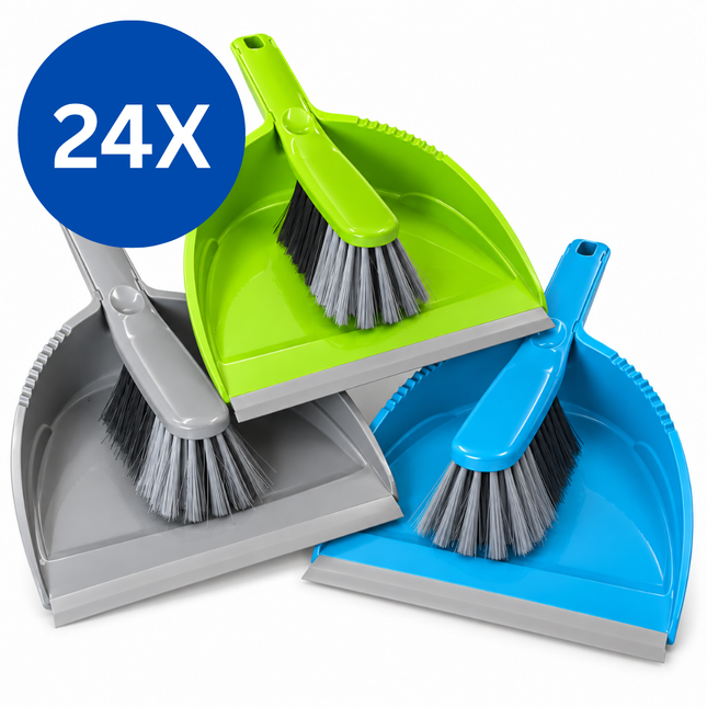 Stoffer en Blik – 24 Complete Sets – Blauw, Groen en Grijs – Handveger met Stofblik – Ophangbaar