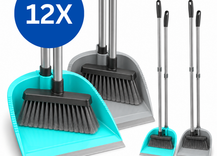 Stoffer en Blik met Steel - Stofblik op Steel - Set van 12 stuks - 6 Turquoise en 6 Grijs - Lobbyset met Bezem