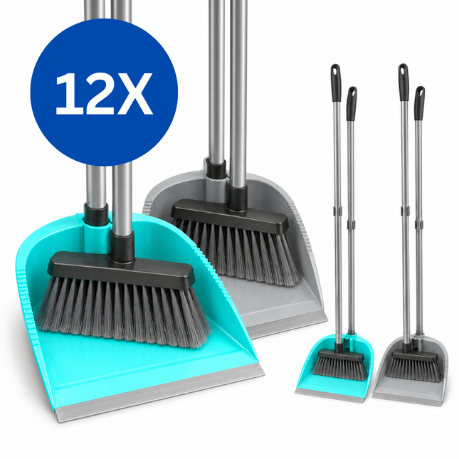 Stoffer en Blik met Steel - Stofblik op Steel - Set van 12 stuks - 6 Turquoise en 6 Grijs - Lobbyset met Bezem