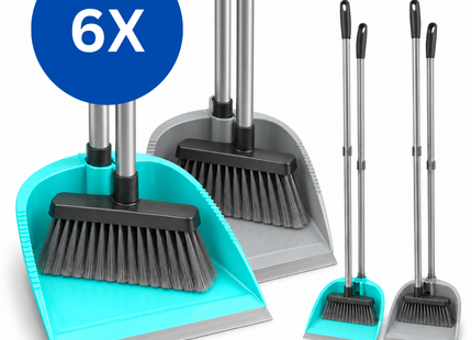 Stoffer en Blik met Steel - Stofblik op Steel - Set van 6 stuks - 3 Turquoise en 3 Grijs - Lobbyset met Bezem