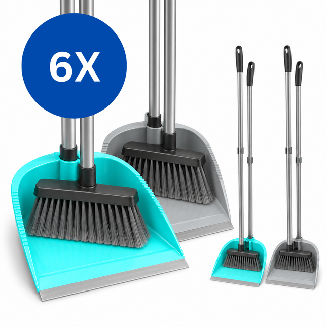 Stoffer en Blik met Steel - Stofblik op Steel - Set van 6 stuks - 3 Turquoise en 3 Grijs - Lobbyset met Bezem